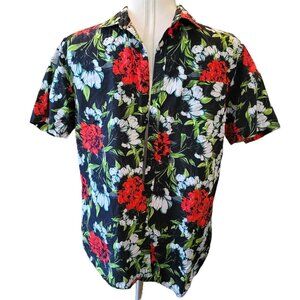 Mens Hawaiian Shirt Ricky Bingh Spring Blooms Black Red Large Slim Fit JJ3007